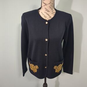 Theo Miles Sweater Jacket Women's Long Sleeve Black Bedazzled Wool Blend small